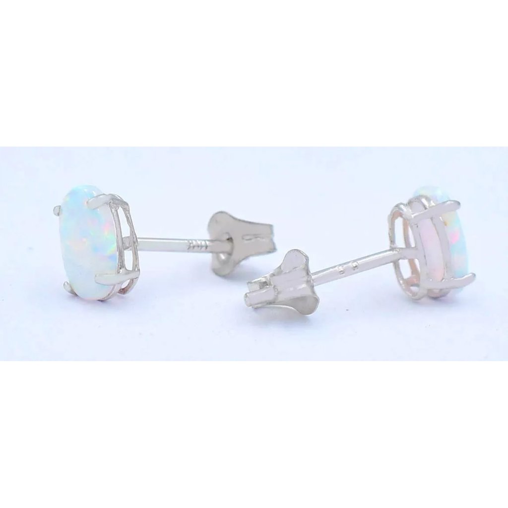 Genuine 0.70 Cts Opal Stud Earrings 14k White Gold